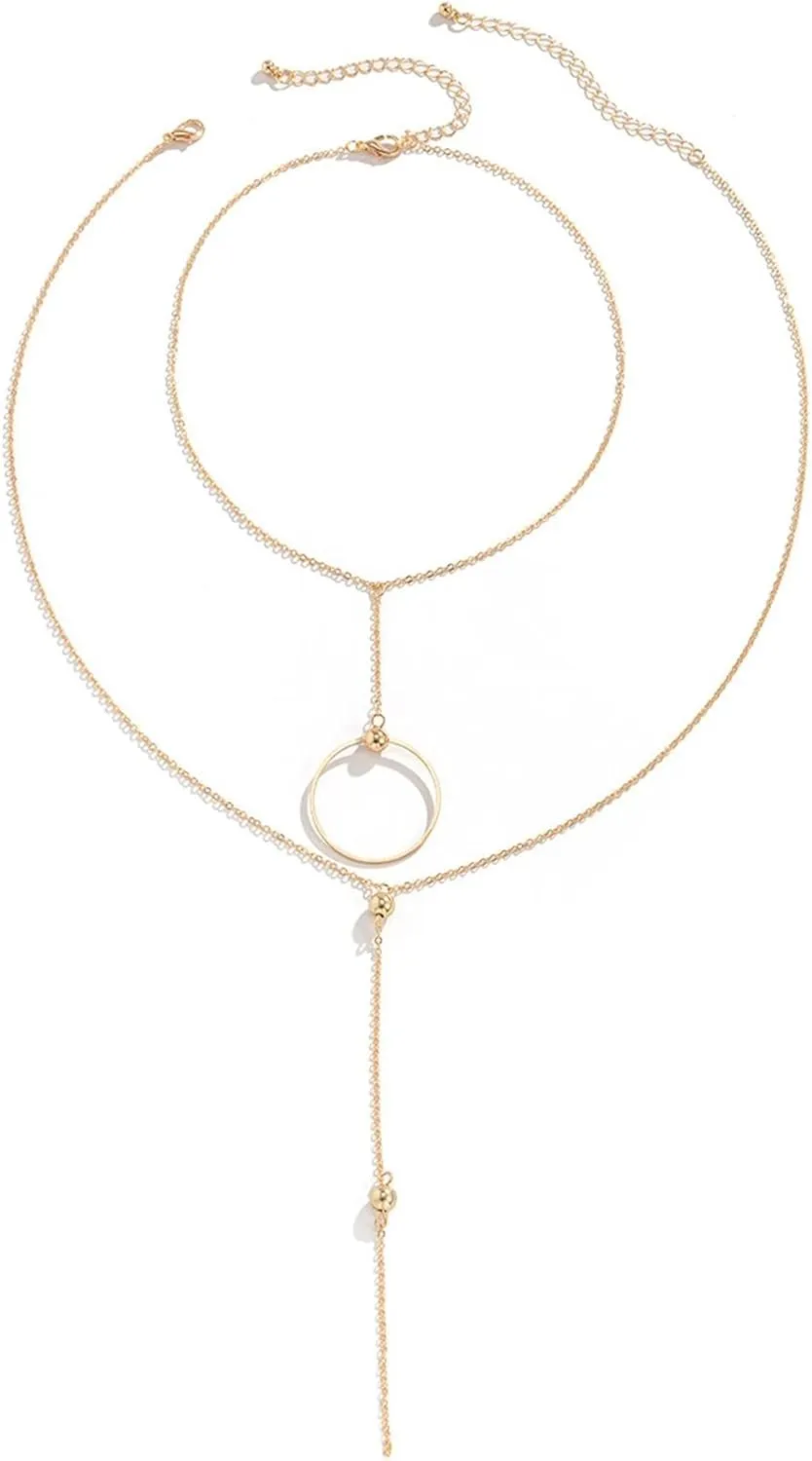 2 Layered Necklaces for Women, Layered Necklaces for Women Trendy Adjustable Gold Plated Y Necklace with Circle and Beads Pendant