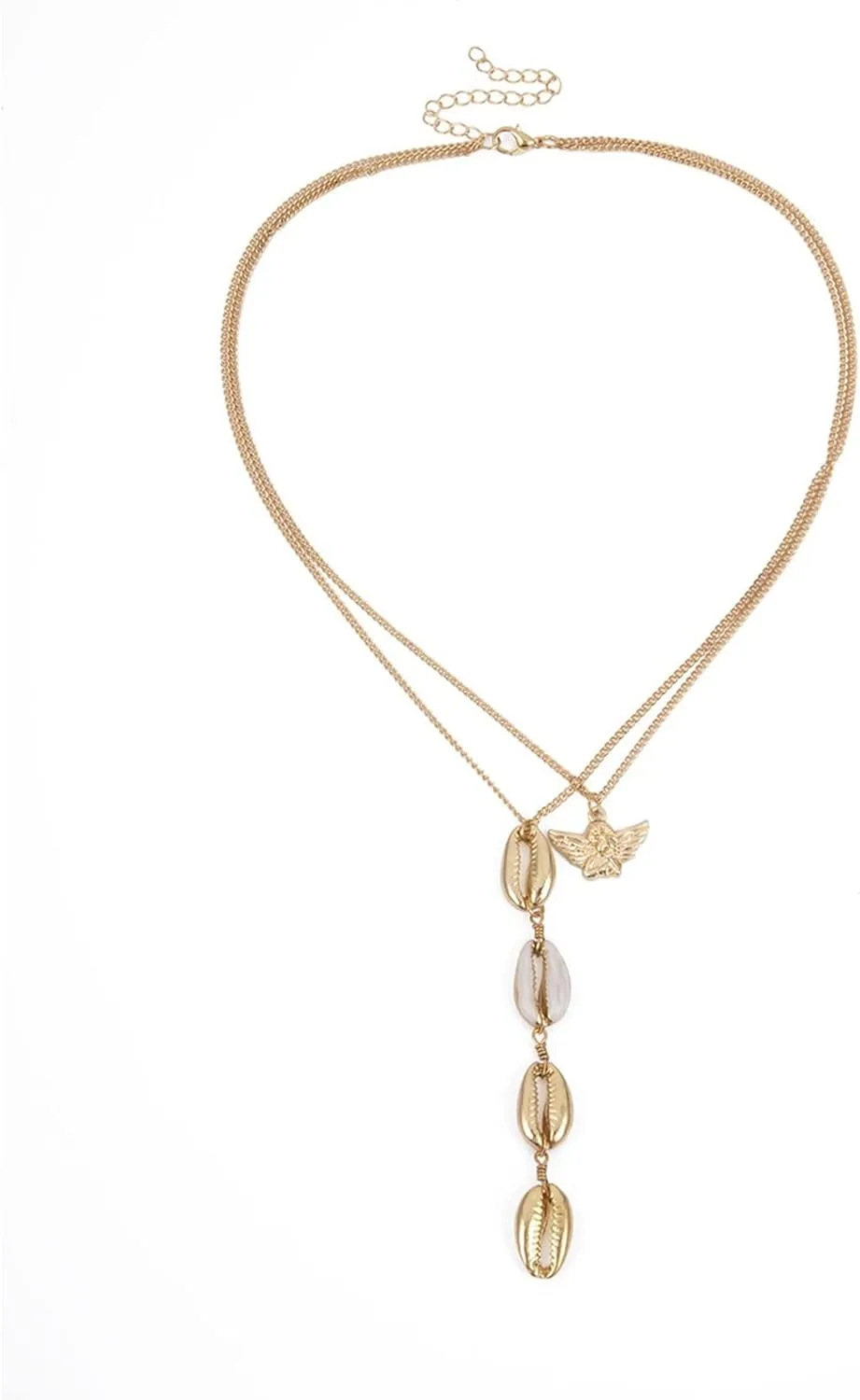2 Layered Necklaces for Womens, Layered Necklaces for Women Adjustable Gold Plated Gold Chain Necklace with Angel and Shell