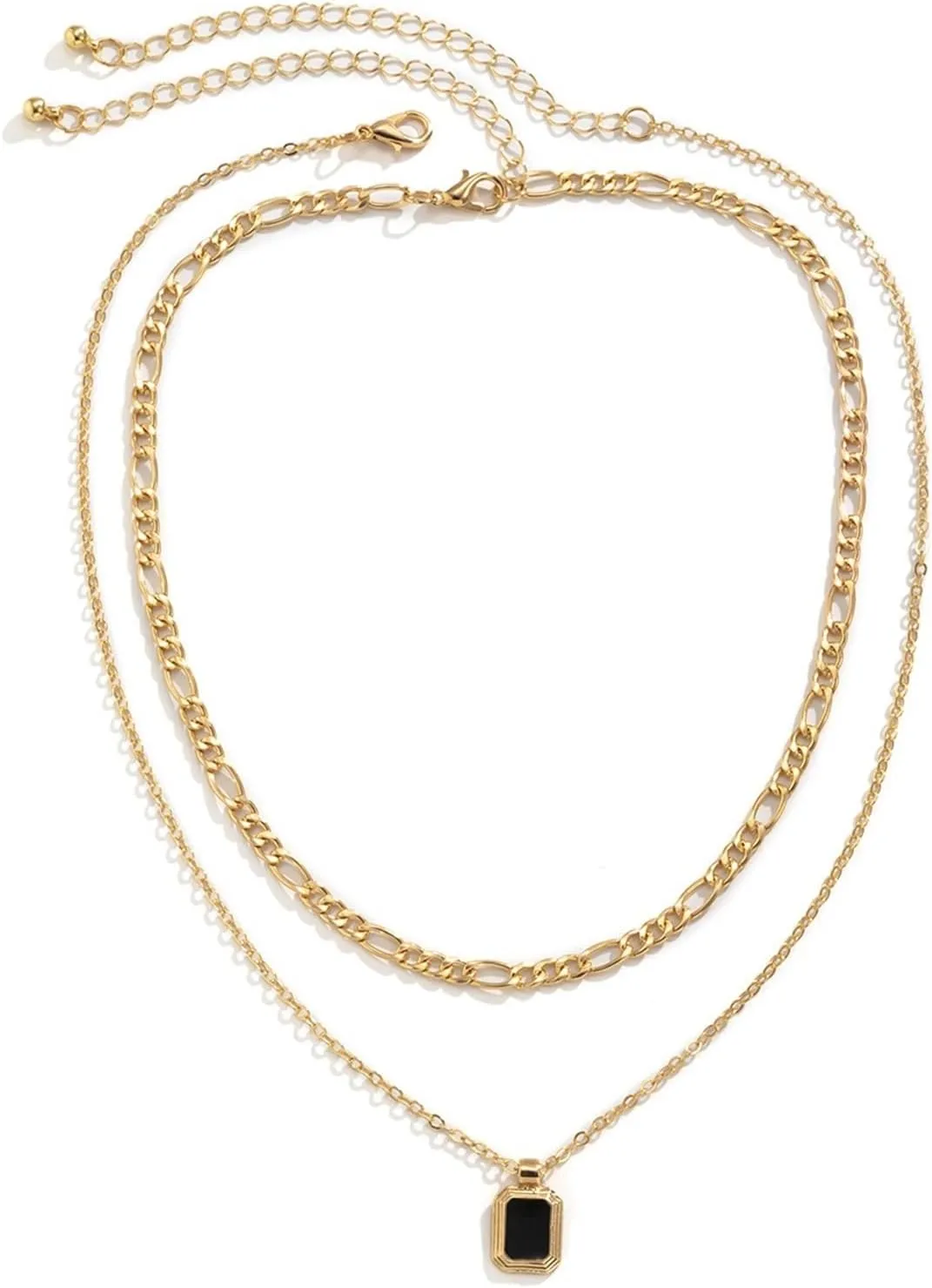 2 Layered Necklaces for Womens, Layered Necklaces for Women Trendy Adjustable Gold Plated Figaro Chain Necklace with Square Pendant