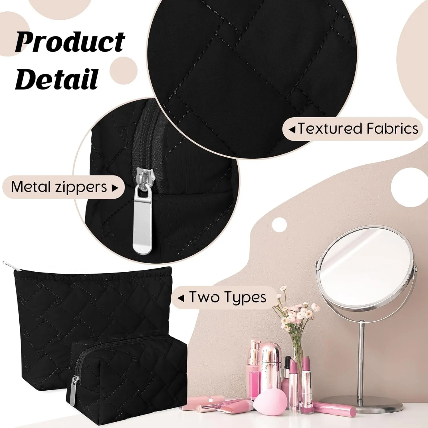 2 Pieces Quilted Makeup Bag Set for Women,Cosmetic Bag,Preppy Travel Make Up Bags for Women,Cute Puffer Travel Makeup Toiletry Bags Set, Easter Birthday Gifts for Teen Girls(Black)