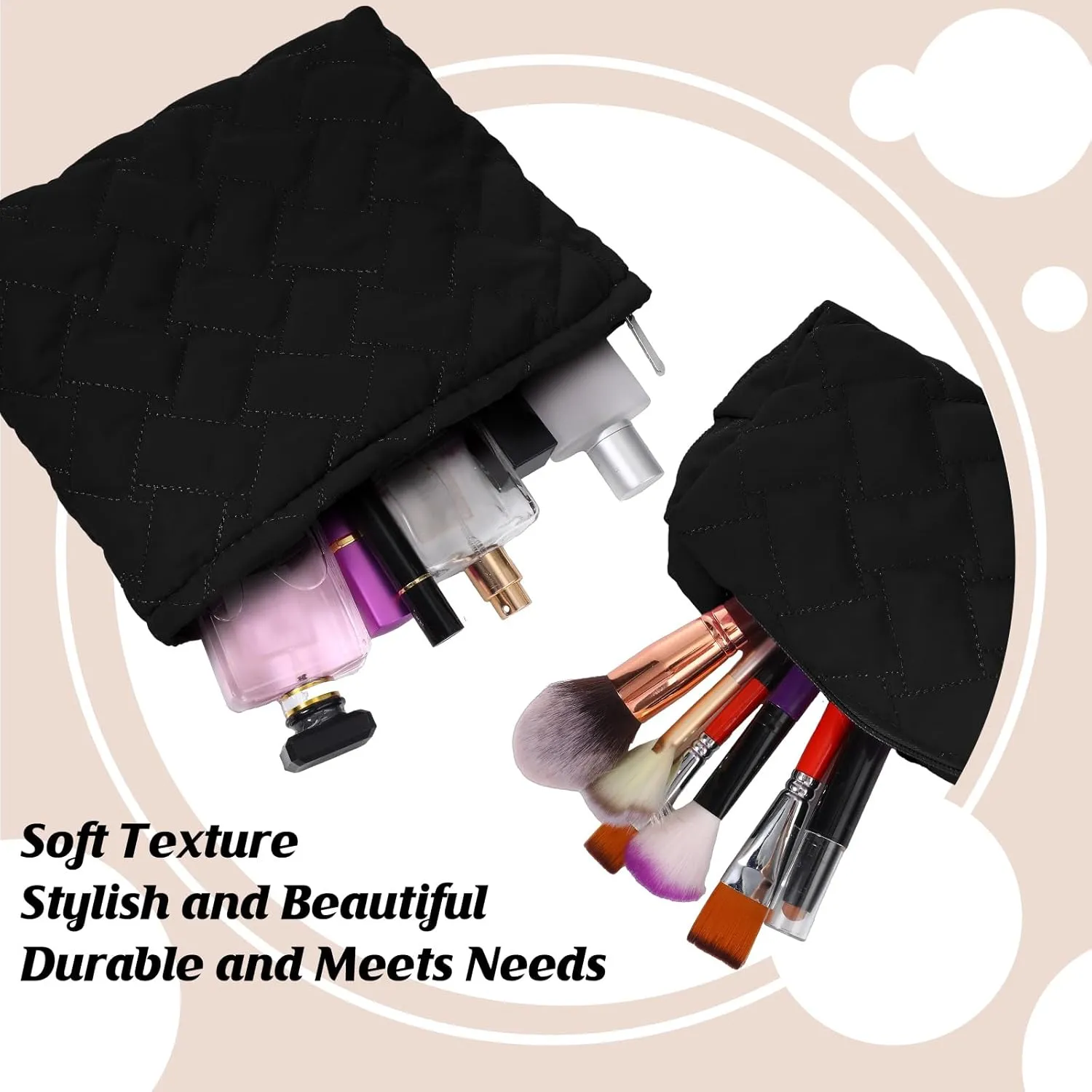 2 Pieces Quilted Makeup Bag Set for Women,Cosmetic Bag,Preppy Travel Make Up Bags for Women,Cute Puffer Travel Makeup Toiletry Bags Set, Easter Birthday Gifts for Teen Girls(Black)