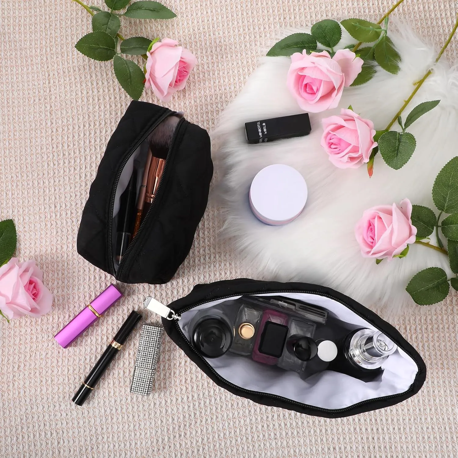2 Pieces Quilted Makeup Bag Set for Women,Cosmetic Bag,Preppy Travel Make Up Bags for Women,Cute Puffer Travel Makeup Toiletry Bags Set, Easter Birthday Gifts for Teen Girls(Black)