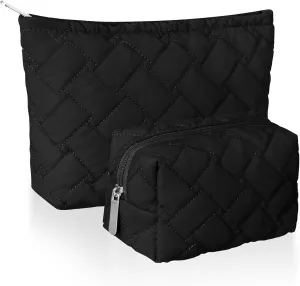 2 Pieces Quilted Makeup Bag Set for Women,Cosmetic Bag,Preppy Travel Make Up Bags for Women,Cute Puffer Travel Makeup Toiletry Bags Set, Easter Birthday Gifts for Teen Girls(Black)
