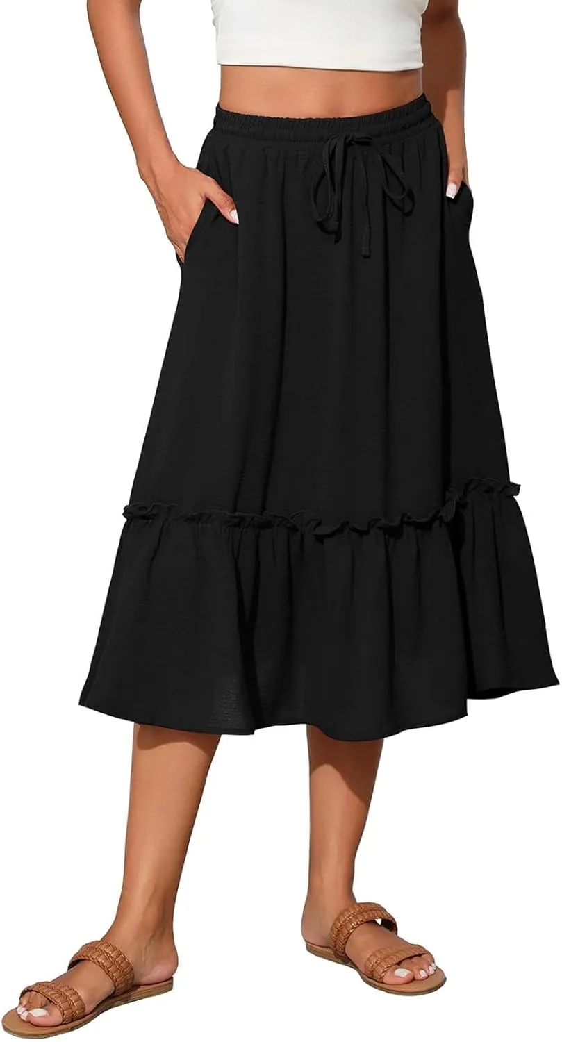 2025 Pleated Midi Length Skirt for Women Trendy Summer Casual Elastic High Waist A-Line Flowy Beach Vacation Skirts