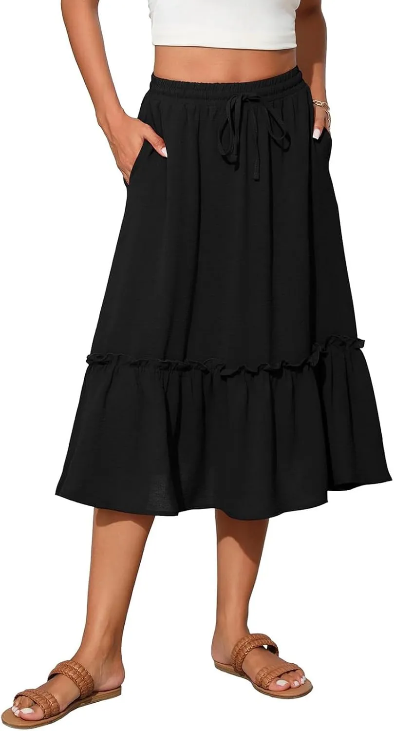 2025 Pleated Midi Length Skirt for Women Trendy Summer Casual Elastic High Waist A-Line Flowy Beach Vacation Skirts