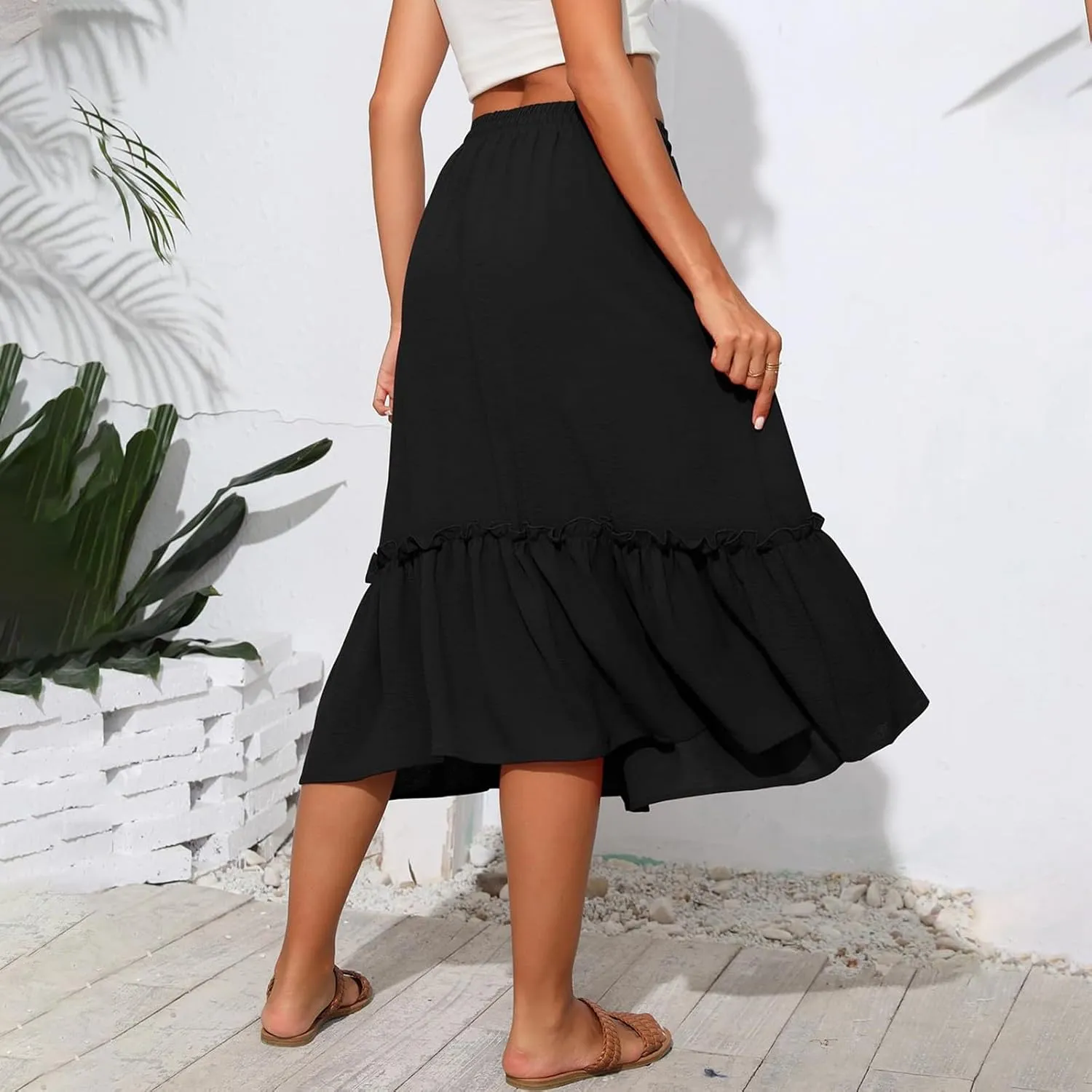 2025 Pleated Midi Length Skirt for Women Trendy Summer Casual Elastic High Waist A-Line Flowy Beach Vacation Skirts