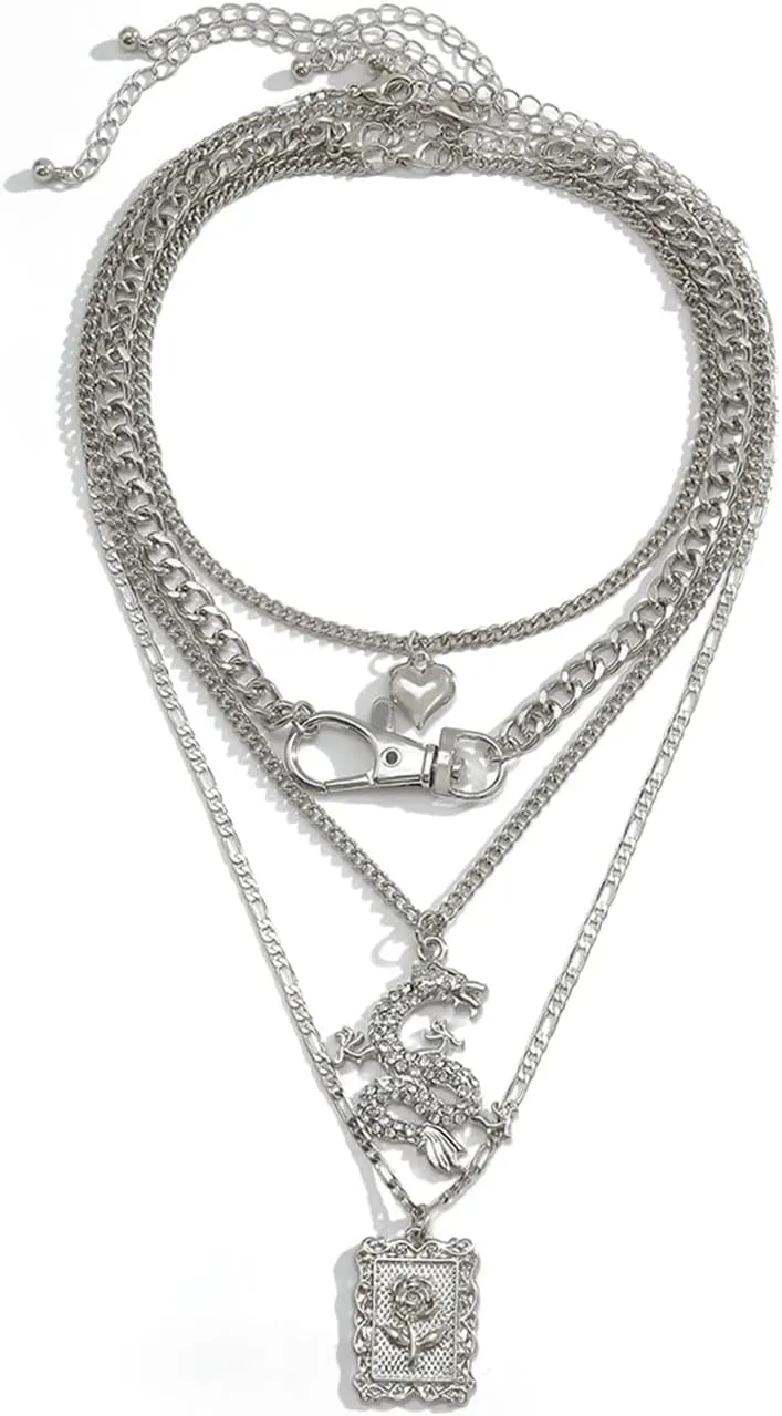 4 Layered Women Layered Necklace, Rectangle Tag Dragon Pendant Long Layered Necklaces for Women Silver