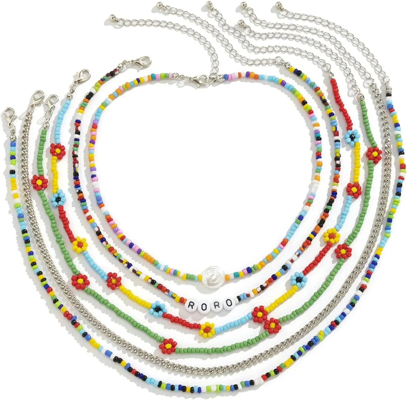 6 Layered Layering Necklaces Boho for Women, Beaded Silver Layered Necklace Choker