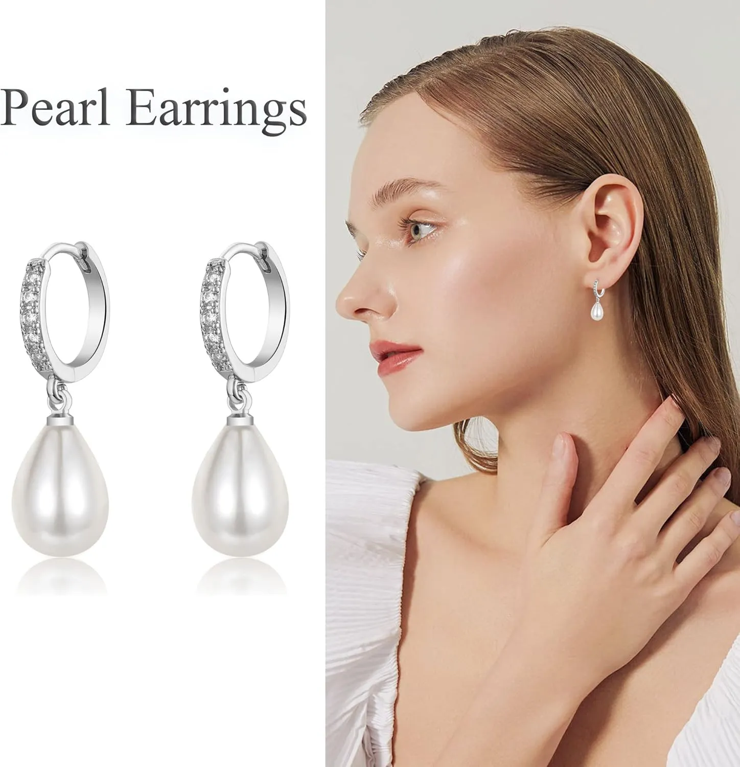 925 Sterling Silver Pearl Earrings for Women,Hypoallergenic Gold Pearl Drop Earrings with 5A  Cubic Zirconia Huggie Hoop Jewelry Gifts for Women Ladies (Silver & Gold)