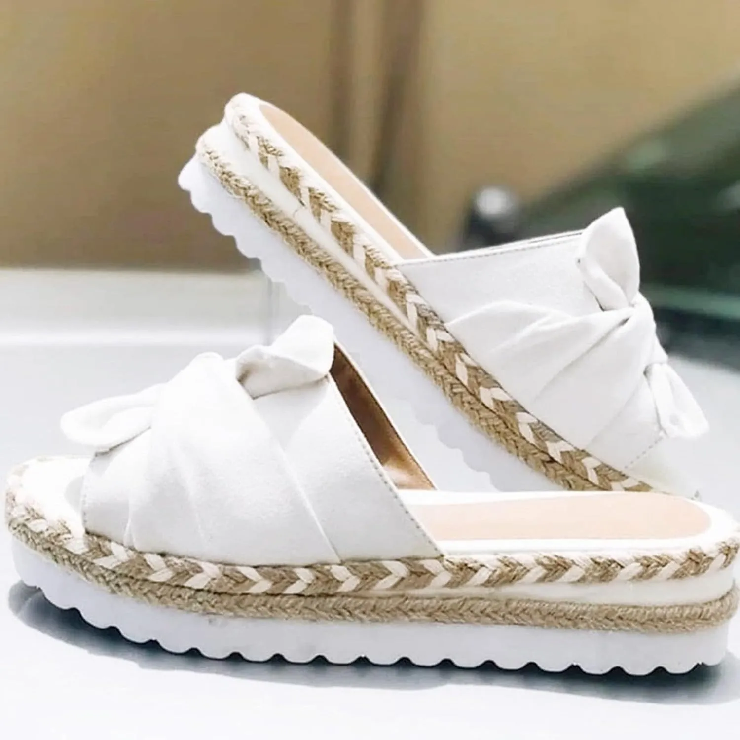 AMDBEL Summer Sandals for Women 2024 Trendy Low Wedge Platform Sandals with Bow Casual Peep Toe Espadrilles Flat Beach Sandal