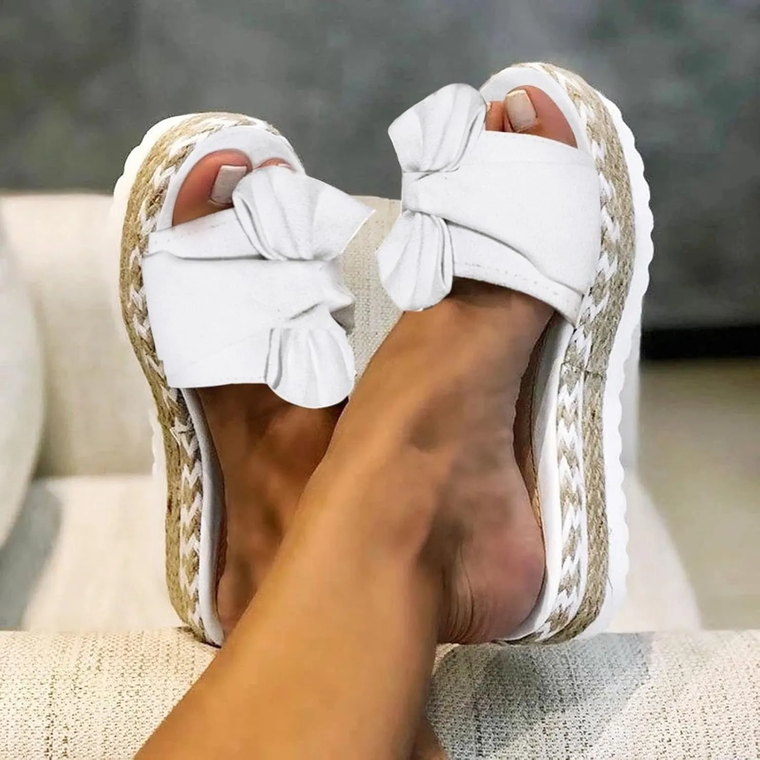 AMDBEL Summer Sandals for Women 2024 Trendy Low Wedge Platform Sandals with Bow Casual Peep Toe Espadrilles Flat Beach Sandal