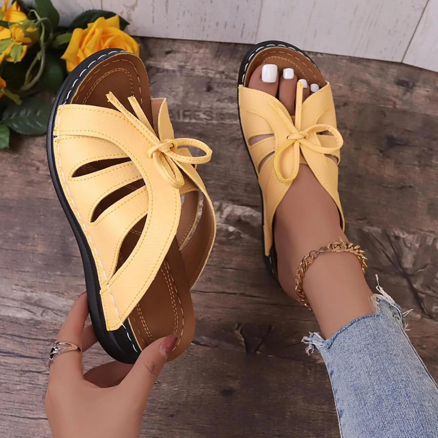 AMDBEL Summer Sandals for Women 2024 Trendy Women's Beach Sandals Hollow Casual Slippers Flat Shoes Retro Sandals Wedge Shoes
