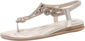 AMDBEL Summer Sandals for Women 2024 Trendy Women's Flat Sandals Beach Sandal T-Strap Rhinestone Beaded Flower Bohemia Sandal