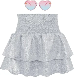 American Trends Girls Sequin Sparkly Skirts Girls Metallic Skirt 2-Layer Ruffle Skirts with Sunglasses Cheerleaders Skirt