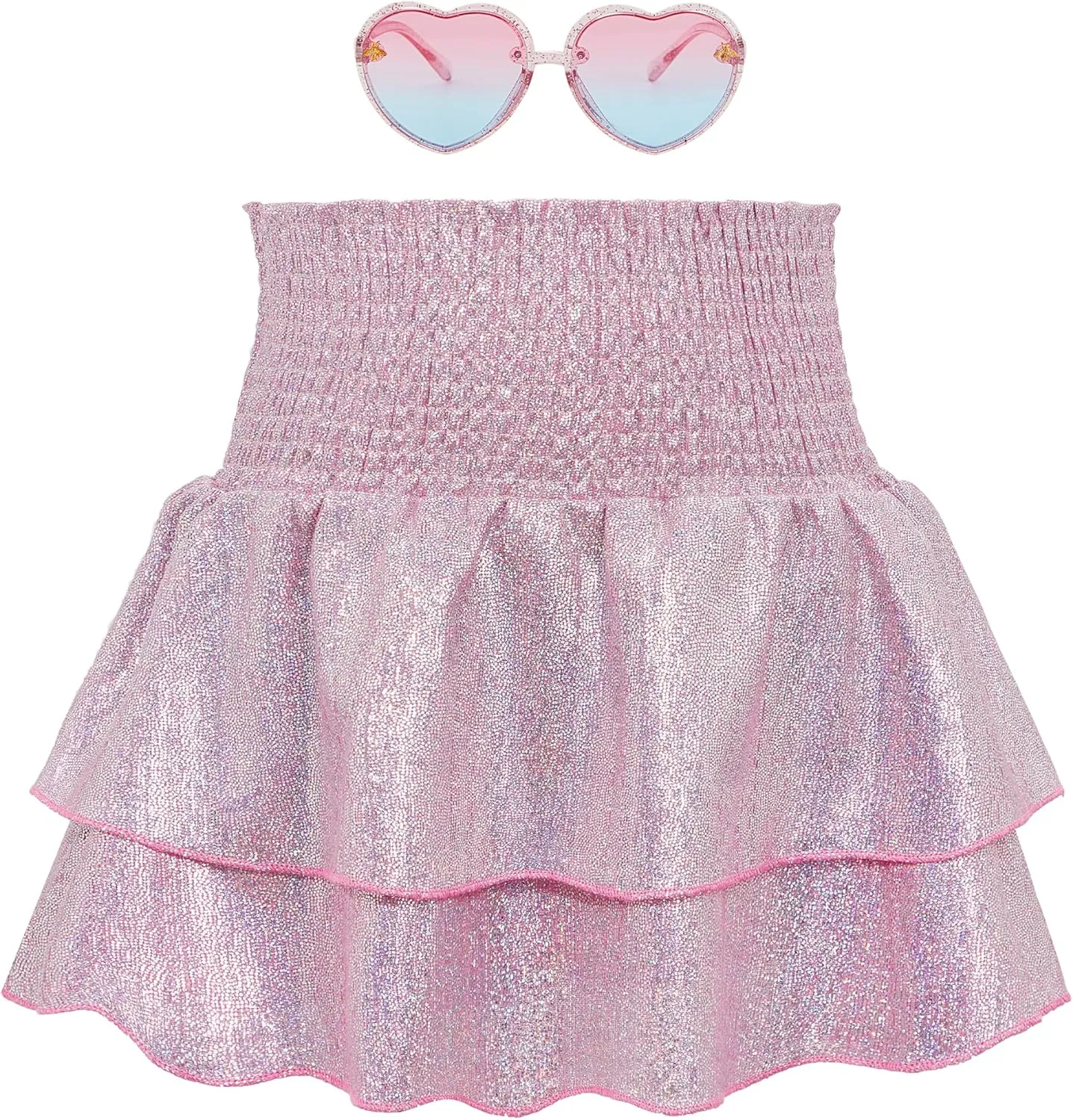 American Trends Girls Sequin Sparkly Skirts Girls Metallic Skirt 2-Layer Ruffle Skirts with Sunglasses Cheerleaders Skirt