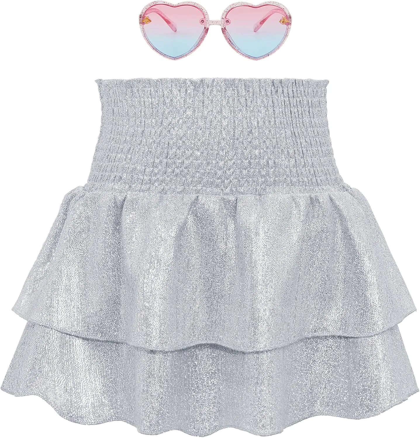 American Trends Girls Sequin Sparkly Skirts Girls Metallic Skirt 2-Layer Ruffle Skirts with Sunglasses Cheerleaders Skirt