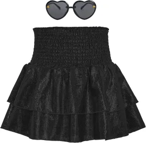 American Trends Girls Sequin Sparkly Skirts Girls Metallic Skirt 2-Layer Ruffle Skirts with Sunglasses Cheerleaders Skirt