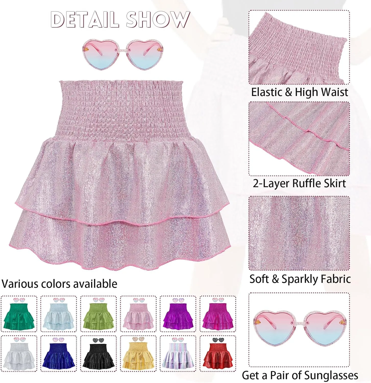 American Trends Girls Sequin Sparkly Skirts Girls Metallic Skirt 2-Layer Ruffle Skirts with Sunglasses Cheerleaders Skirt