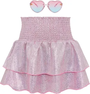 American Trends Girls Sequin Sparkly Skirts Girls Metallic Skirt 2-Layer Ruffle Skirts with Sunglasses Cheerleaders Skirt