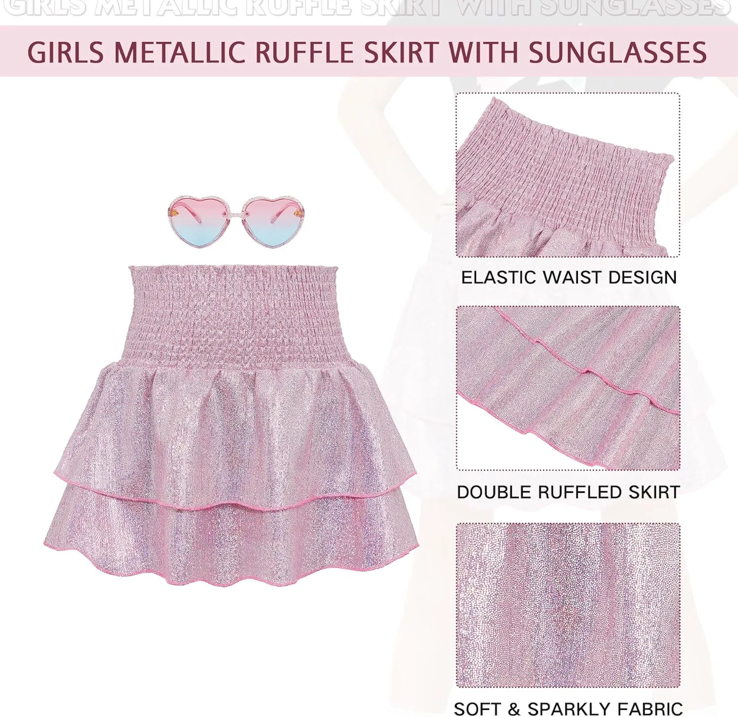 American Trends Girls Sequin Sparkly Skirts Girls Metallic Skirt 2-Layer Ruffle Skirts with Sunglasses Cheerleaders Skirt