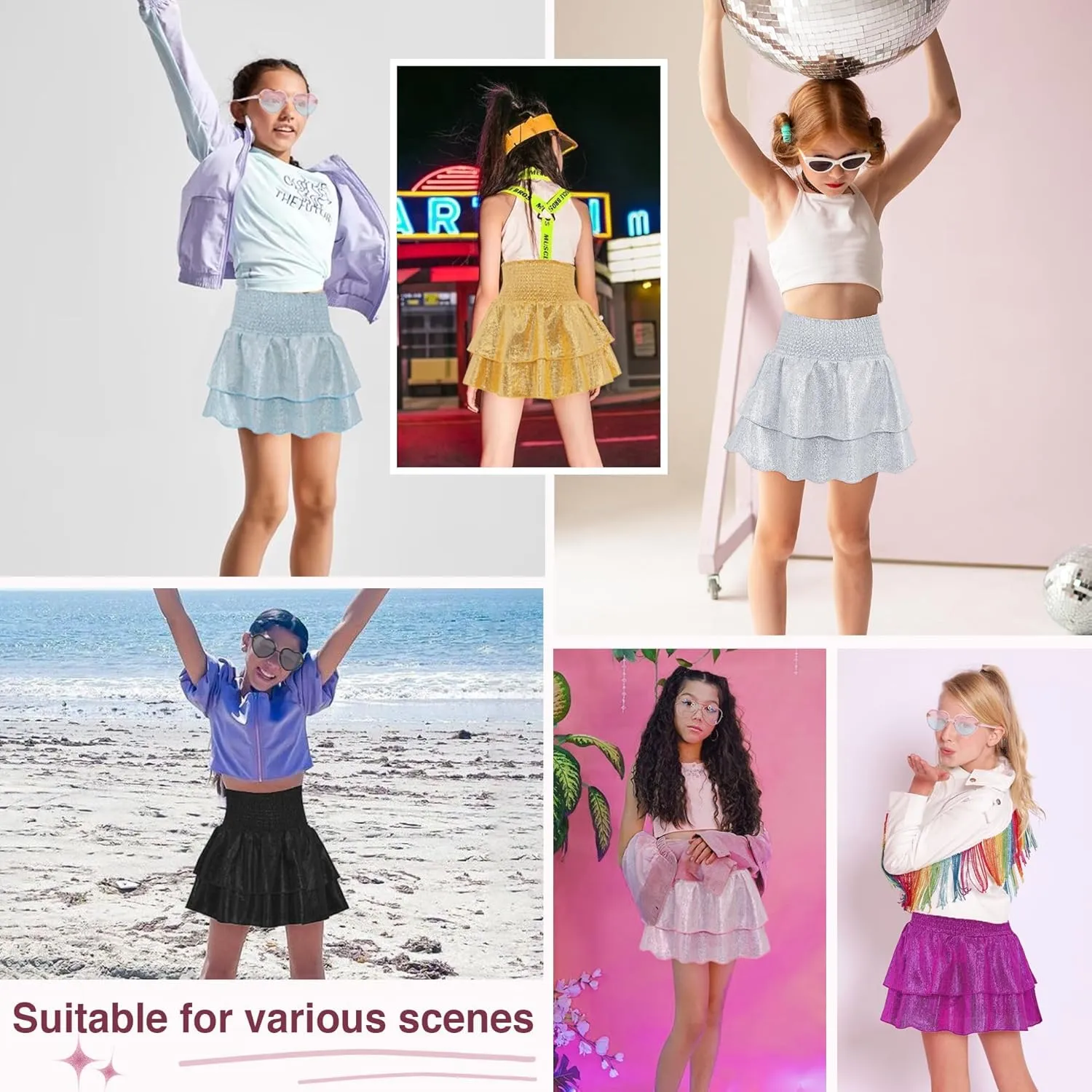 American Trends Girls Sequin Sparkly Skirts Girls Metallic Skirt 2-Layer Ruffle Skirts with Sunglasses Cheerleaders Skirt