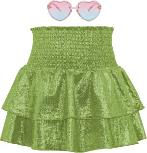 American Trends Girls Sequin Sparkly Skirts Girls Metallic Skirt 2-Layer Ruffle Skirts with Sunglasses Cheerleaders Skirt