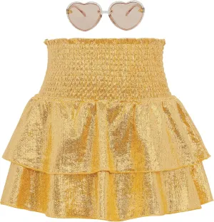 American Trends Girls Sequin Sparkly Skirts Girls Metallic Skirt 2-Layer Ruffle Skirts with Sunglasses Cheerleaders Skirt