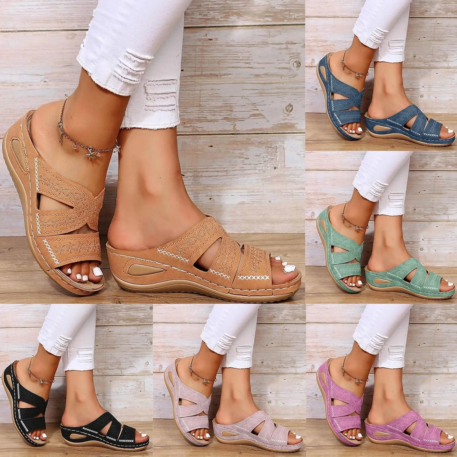 Arch Support Sandals Women's, Women Dressy Summer Orthopedic Sandals with Arch Support Slip On Wedges Breathable Hollow Out Walking Sandal Boho Beach Sandal 2025 Slippers