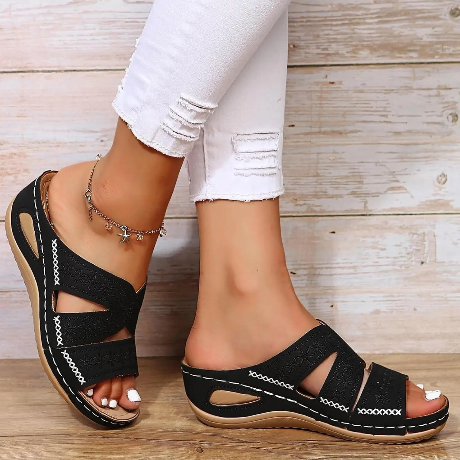 Arch Support Sandals Women's, Women Dressy Summer Orthopedic Sandals with Arch Support Slip On Wedges Breathable Hollow Out Walking Sandal Boho Beach Sandal 2025 Slippers