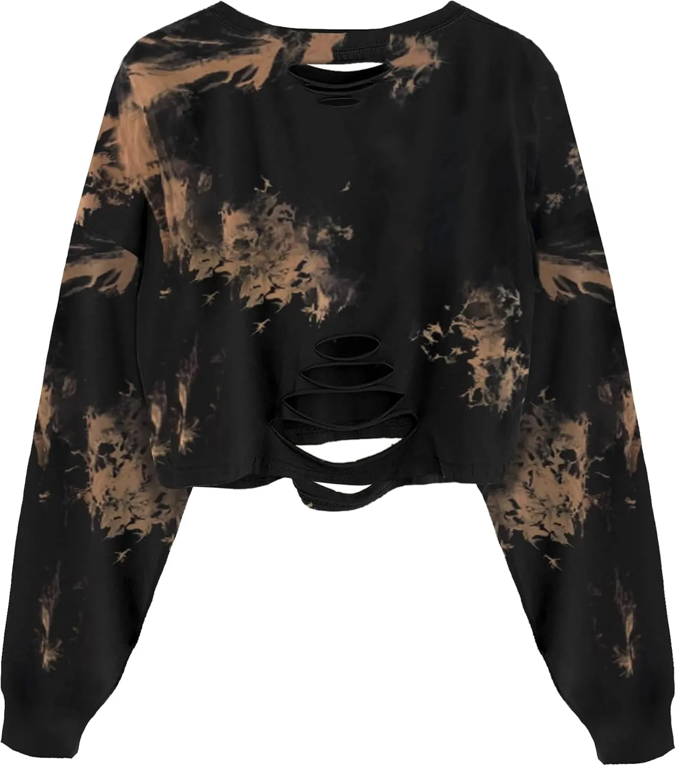Avanova Women Tie Dye Los Angeles Graphic Ripped Distressed Crop Top Oversized Long Sleeves Sweatshirt