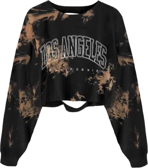 Avanova Women Tie Dye Los Angeles Graphic Ripped Distressed Crop Top Oversized Long Sleeves Sweatshirt