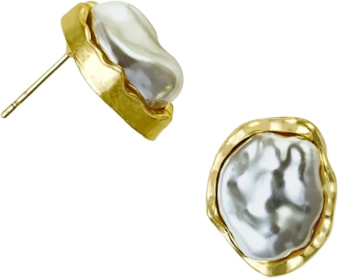 Baroque Pearl Stud Earrings For Women 14k Gold Plated Irregular Pearls Earrings Chunky Big Pearl Earrings Vintage pearl Statement Earrings Jewelry Gift For Women (Gold A)