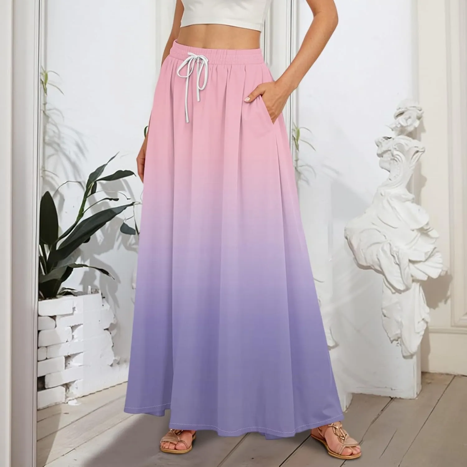 Boho Maxi Skirt for Women Summer Elastic High Waisted Casual Skirts Pleated A-Line Skirts Work Skirt Long with Pockets
