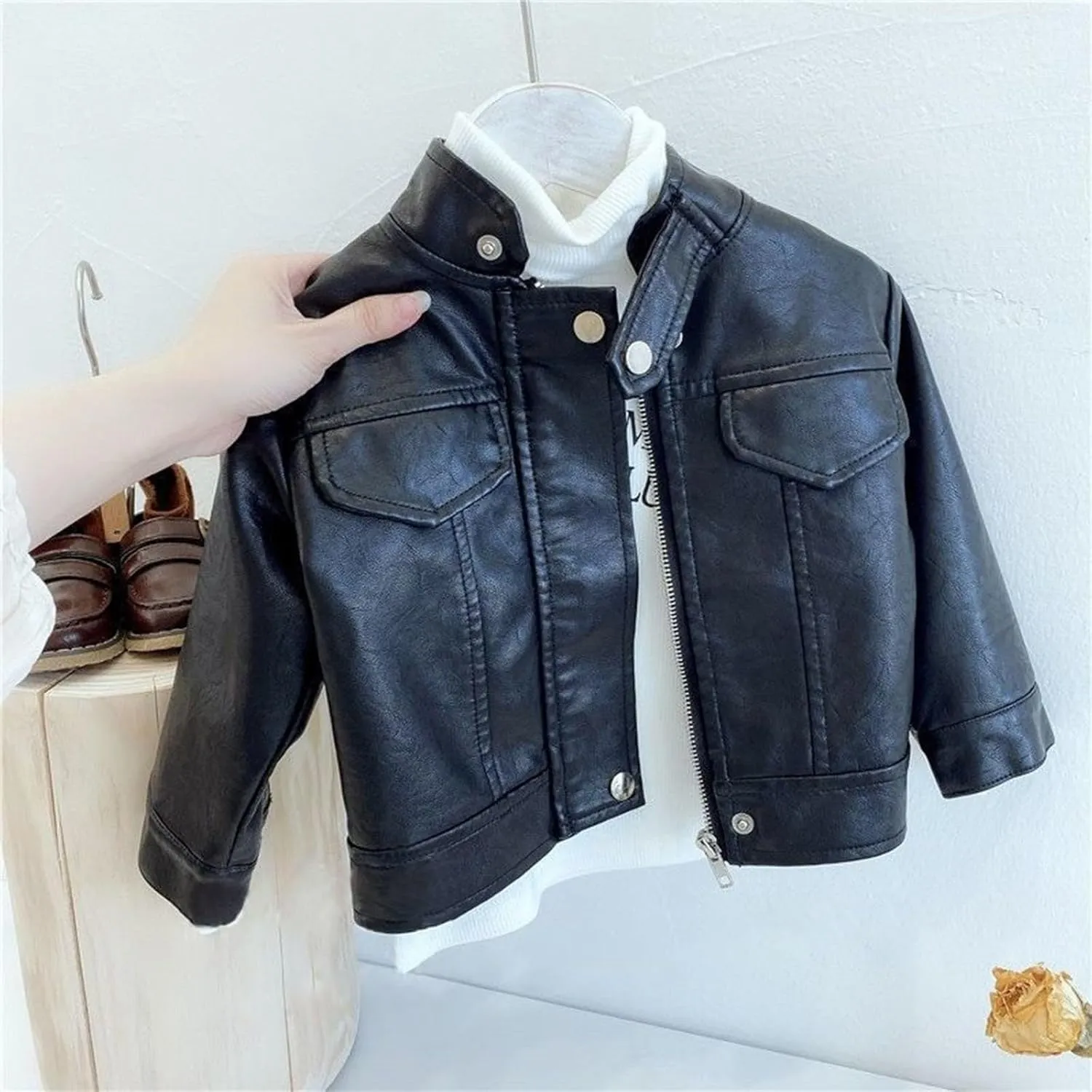 Boys Girls Faux Leather Jacket Kids Toddler Motorcycle Jacket PU Leather Coat Zipper Vintage Biker Coat Crop Outerwear