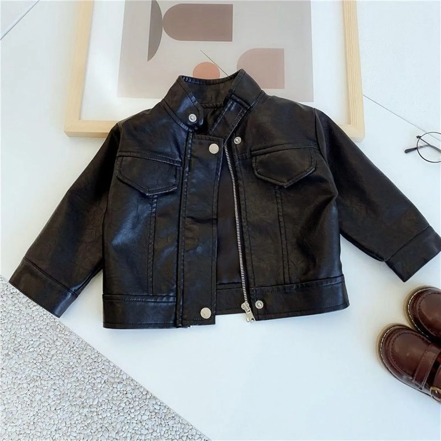 Boys Girls Faux Leather Jacket Kids Toddler Motorcycle Jacket PU Leather Coat Zipper Vintage Biker Coat Crop Outerwear