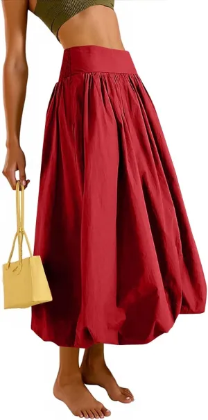 Bubble Midi Skirts for Women Trendy 2025 Summer Smocked Vacation Elastic Waist Flowy A Line Long Skirt with Pockets