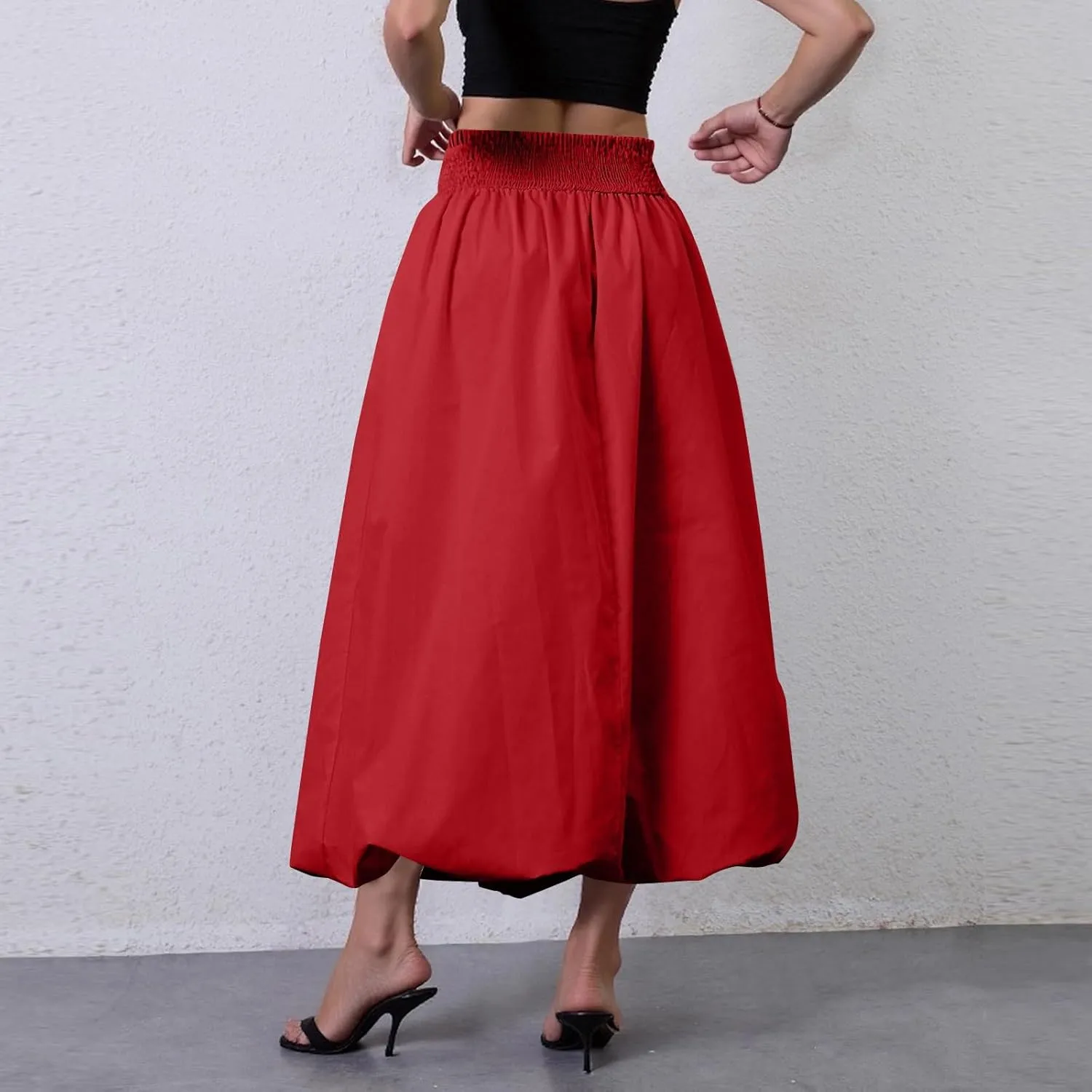Bubble Midi Skirts for Women Trendy 2025 Summer Smocked Vacation Elastic Waist Flowy A Line Long Skirt with Pockets
