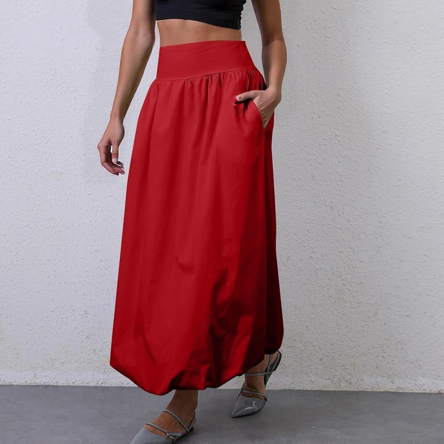 Bubble Midi Skirts for Women Trendy 2025 Summer Smocked Vacation Elastic Waist Flowy A Line Long Skirt with Pockets