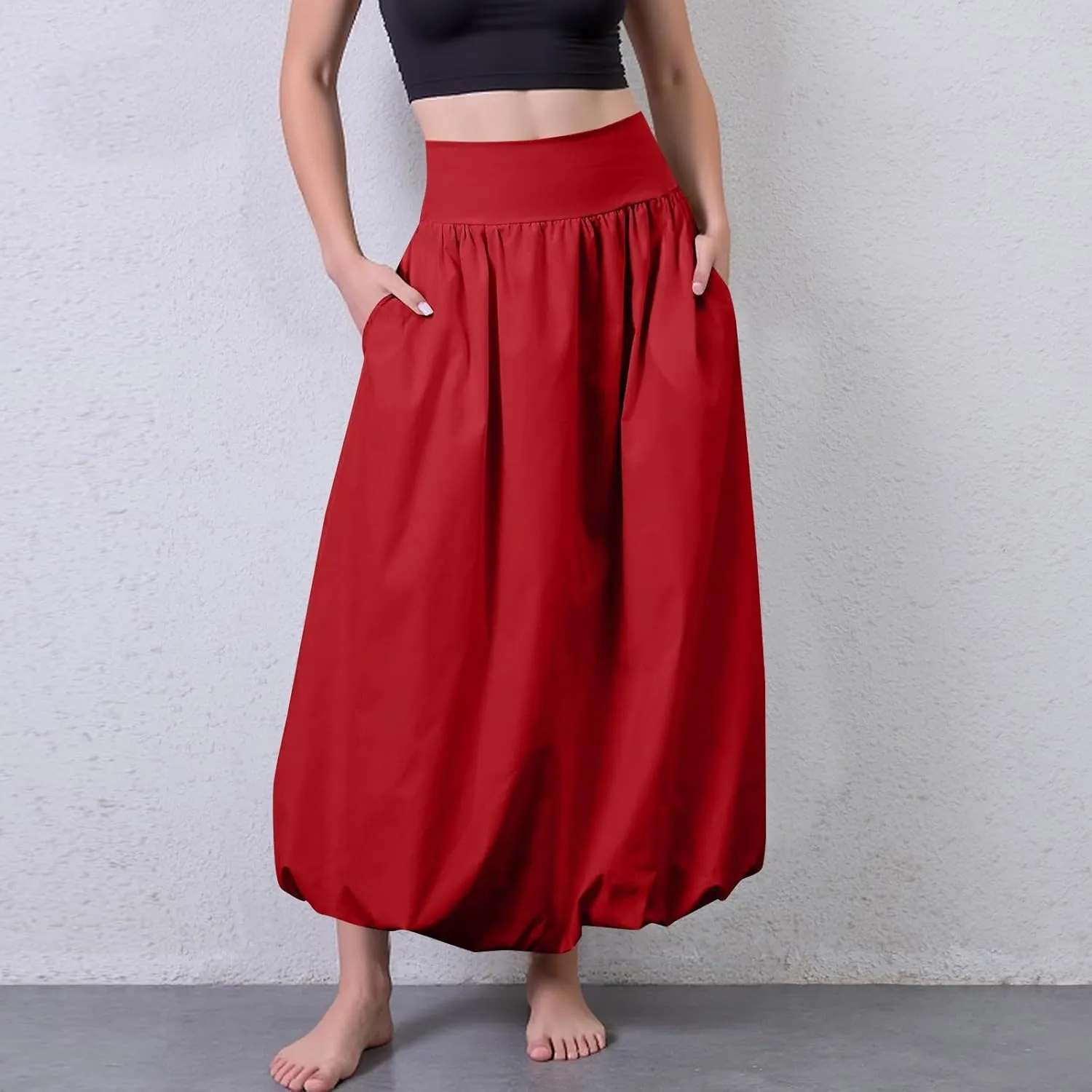 Bubble Midi Skirts for Women Trendy 2025 Summer Smocked Vacation Elastic Waist Flowy A Line Long Skirt with Pockets