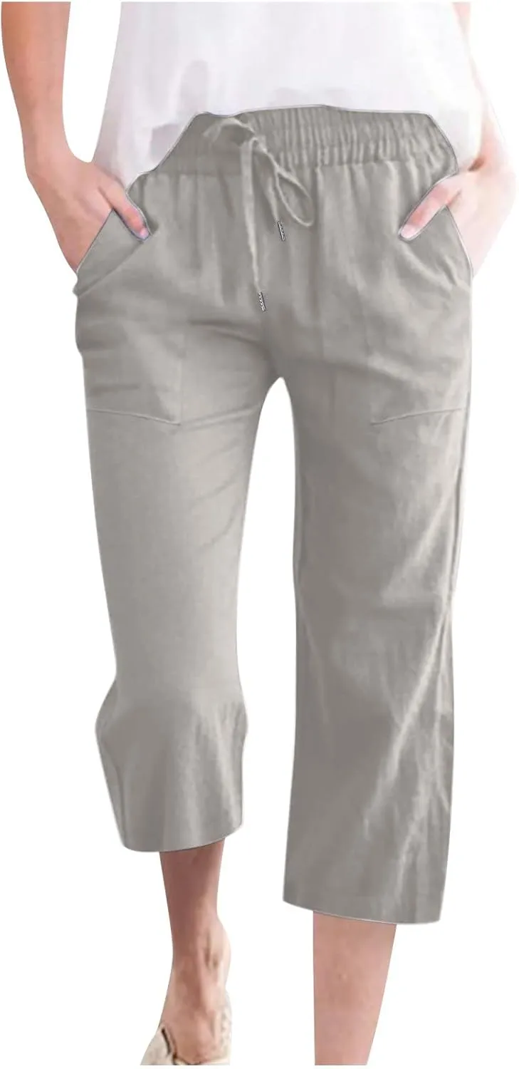 Capri Pants for Women Casual 2025 Summer Drawstring Elastic High Waist Linen Pant Straight Wide Leg Cropped Trouser