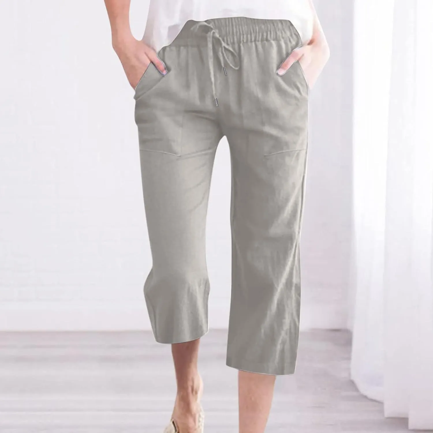 Capri Pants for Women Casual 2025 Summer Drawstring Elastic High Waist Linen Pant Straight Wide Leg Cropped Trouser