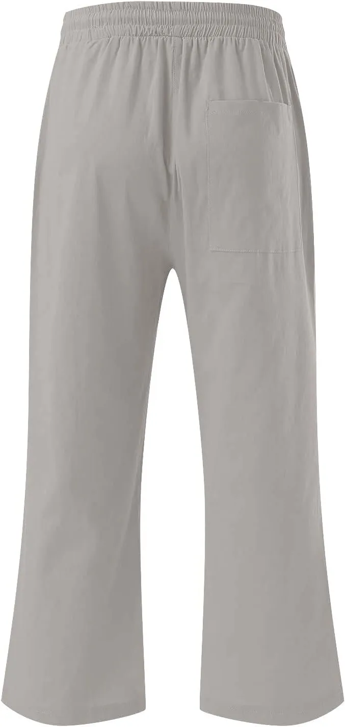 Capri Pants for Women Casual 2025 Summer Drawstring Elastic High Waist Linen Pant Straight Wide Leg Cropped Trouser