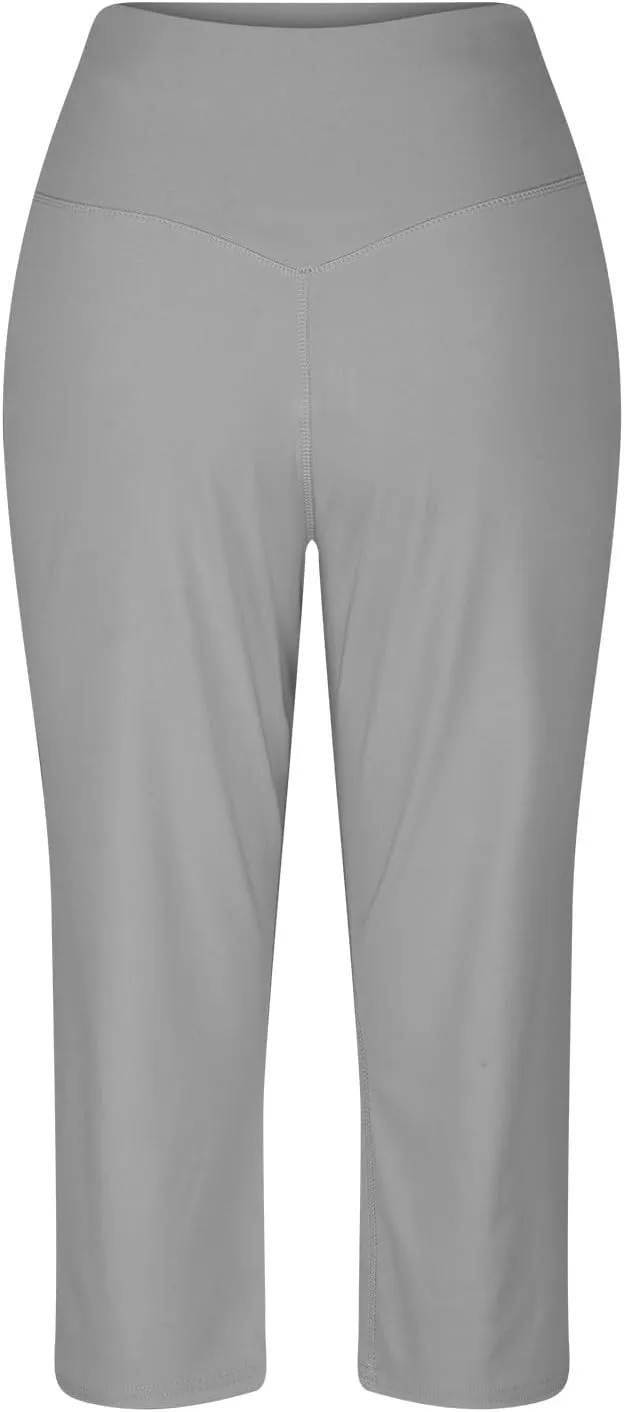 Capri Pants for Women Summer Casual Elastic Waist Wide Leg Cropped Trousers with Pockets Plus Size Tummy Control Yoga Capris