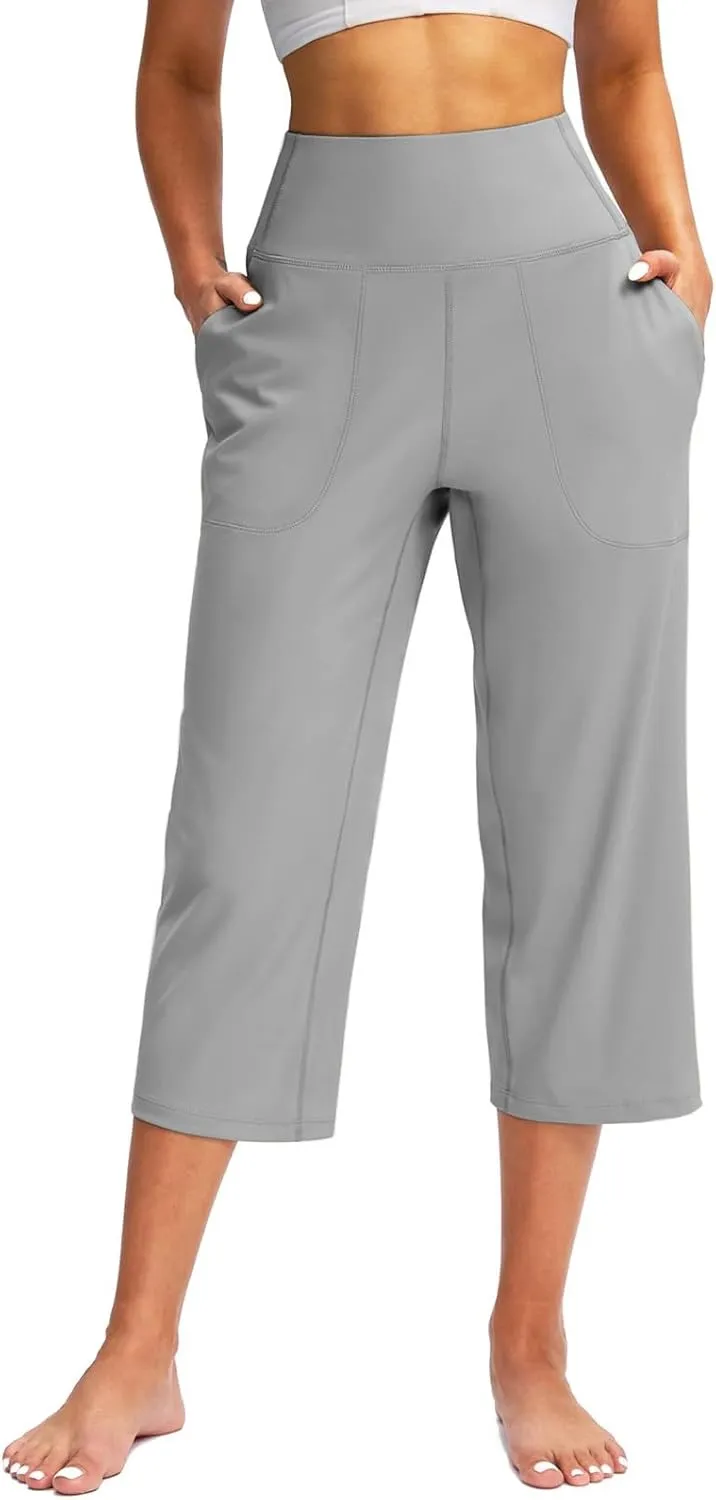 Capri Pants for Women Summer Casual Elastic Waist Wide Leg Cropped Trousers with Pockets Plus Size Tummy Control Yoga Capris
