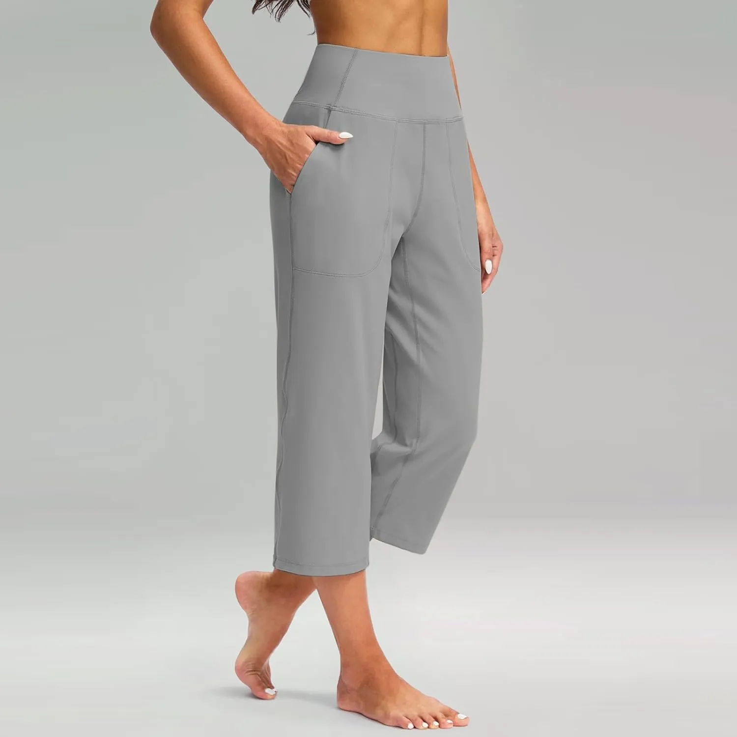 Capri Pants for Women Summer Casual Elastic Waist Wide Leg Cropped Trousers with Pockets Plus Size Tummy Control Yoga Capris
