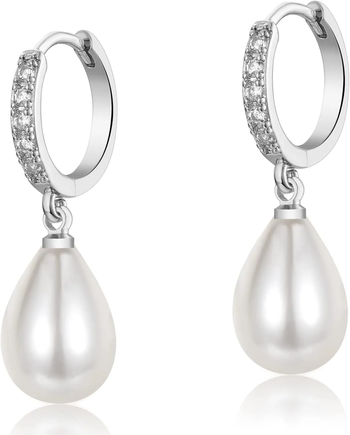CERSLIMO Pearl Drop Earrings for Women | S925 Sterling Silver Post Simulated Shell Pearl Hoop Dangle Earrings, Hypoallergenic Cubic Zirconia Huggies Earrings Bridesmaid Jewelry
