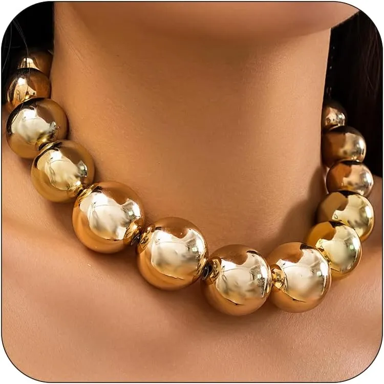 CJIAYUJEW Chunky Gold Necklace for Women - Big Silver Statement Beaded Necklace, Thick Bold Ball Choker