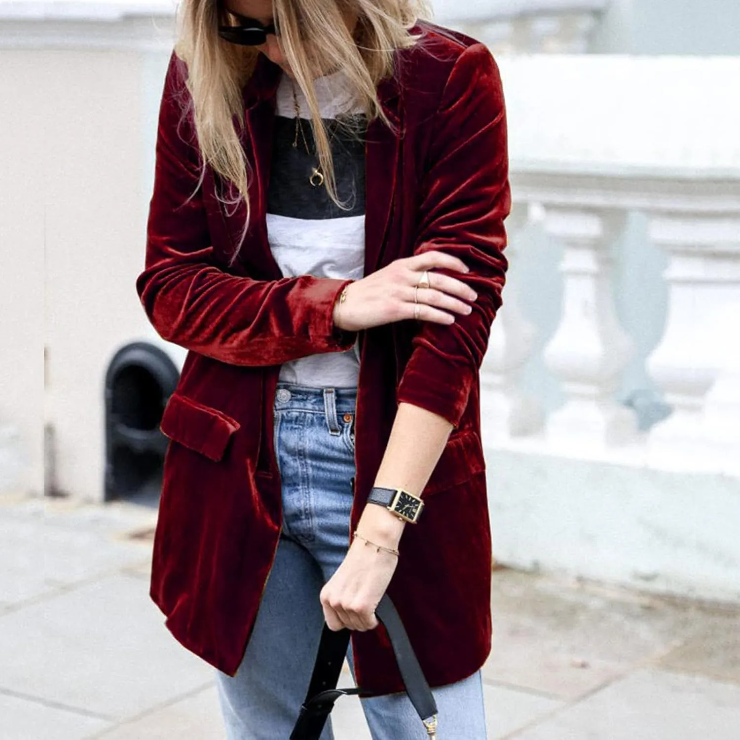 cooki Velvet Blazer Jackets for Women Velvet Trench Coat Open Front Cardigan with Pockets Long Lapel Winter Velvet Soft Coat
