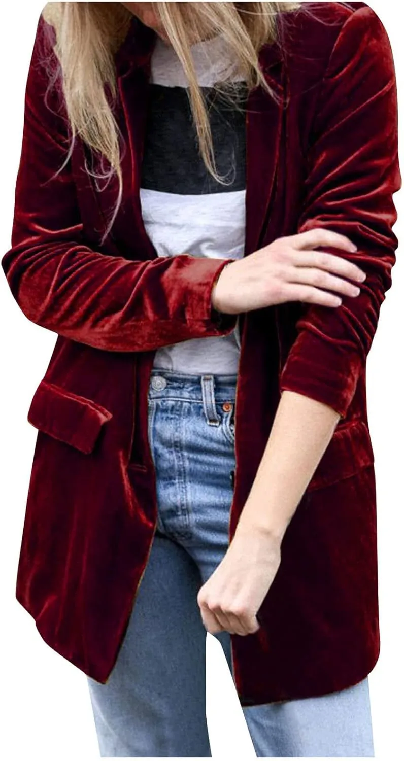 cooki Velvet Blazer Jackets for Women Velvet Trench Coat Open Front Cardigan with Pockets Long Lapel Winter Velvet Soft Coat