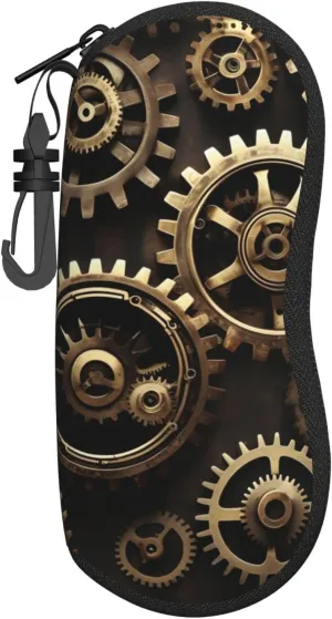 Cool Steampunk Gears Print Glasses Case, Lightweight Soft Shell Pouch With Key Lock For Sunglasses & Eyewear